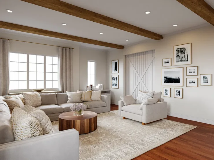 Modern Open-Concept Living Room with Architectural Beams